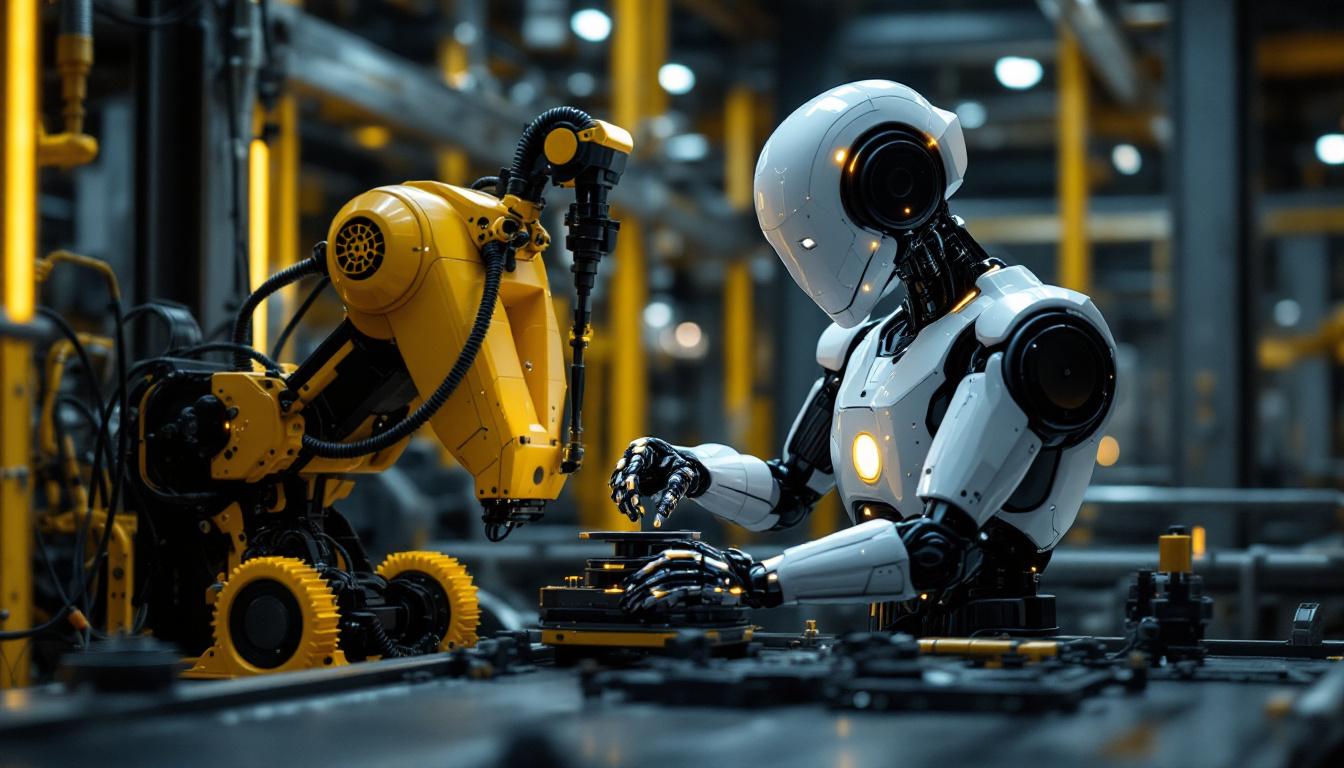 A photograph of a sleek industrial robot in action within a modern manufacturing facility