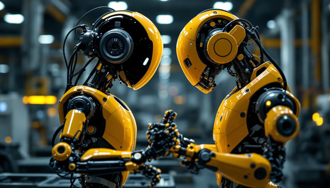 A photograph of a humanoid robot and an industrial robot working side by side in a modern manufacturing environment