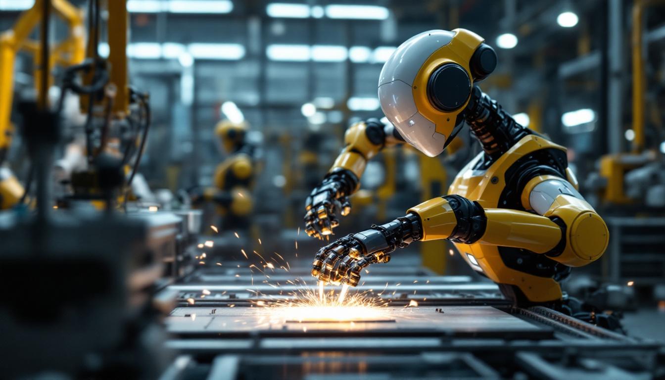 A photograph of a state-of-the-art industrial robot in action within a manufacturing facility