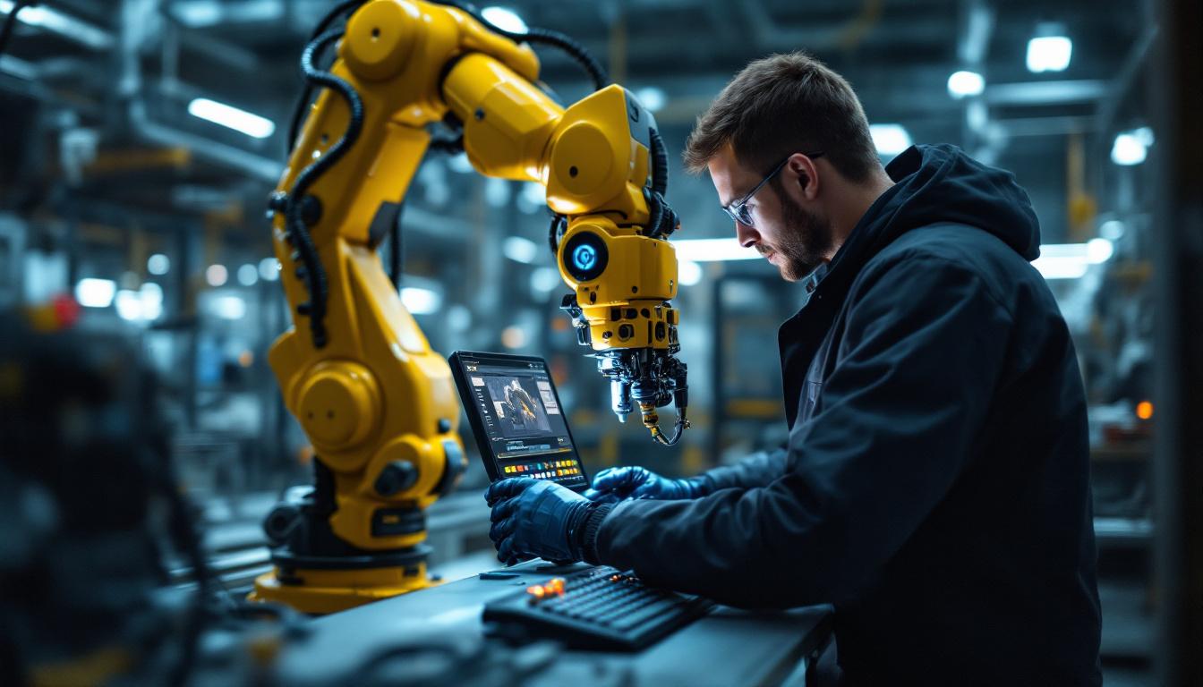 A photograph of a skilled technician programming or operating an industrial robot in a modern manufacturing environment