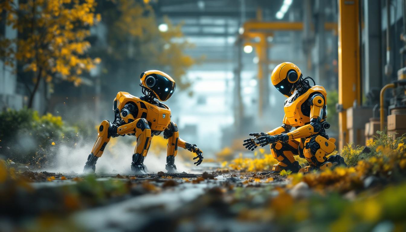 A photograph of a dynamic scene featuring both a quadruped robot navigating an outdoor environment and an industrial robot performing a precise task in a factory setting