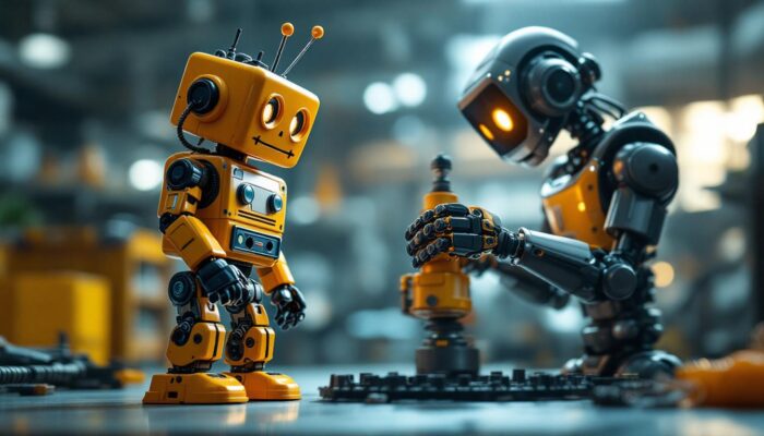 A photograph of a dynamic scene featuring both a classic rockem sockem robot toy in action and a modern industrial robot engaged in a task