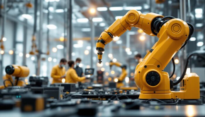 A photograph of a futuristic industrial setting featuring a sleek robotic arm in action