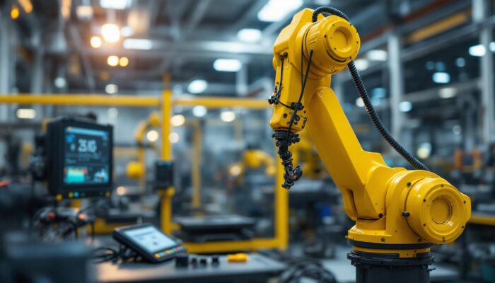 A photograph of capture a photograph of an industrial robotic arm in action within a modern manufacturing environment