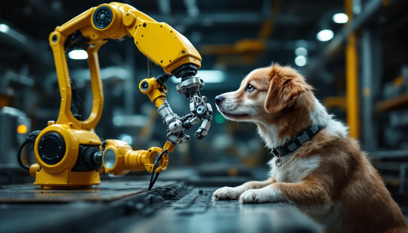 A photograph of a playful dog interacting with a robotic arm in an industrial setting