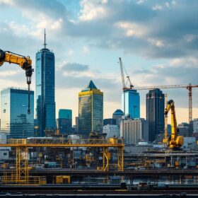 A photograph of capture a photograph of the boston skyline with a focus on a bustling industrial area