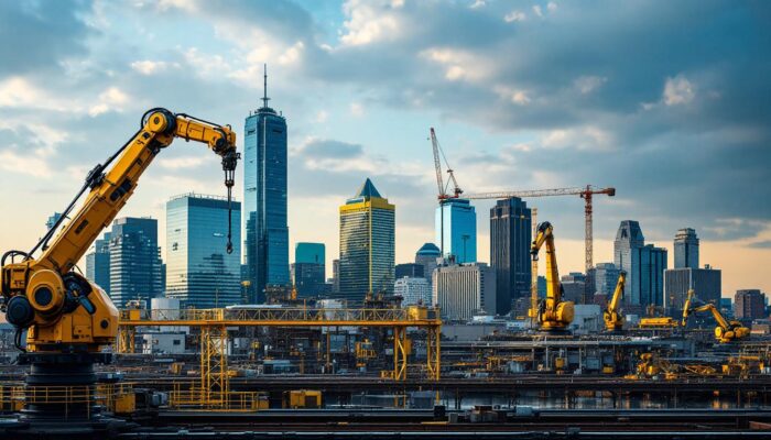 A photograph of capture a photograph of the boston skyline with a focus on a bustling industrial area