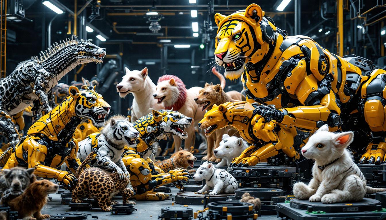 A photograph of a vibrant display of various animatronic animals in a dynamic setting