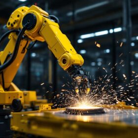 A photograph of a dynamic industrial robot in action within a manufacturing setting