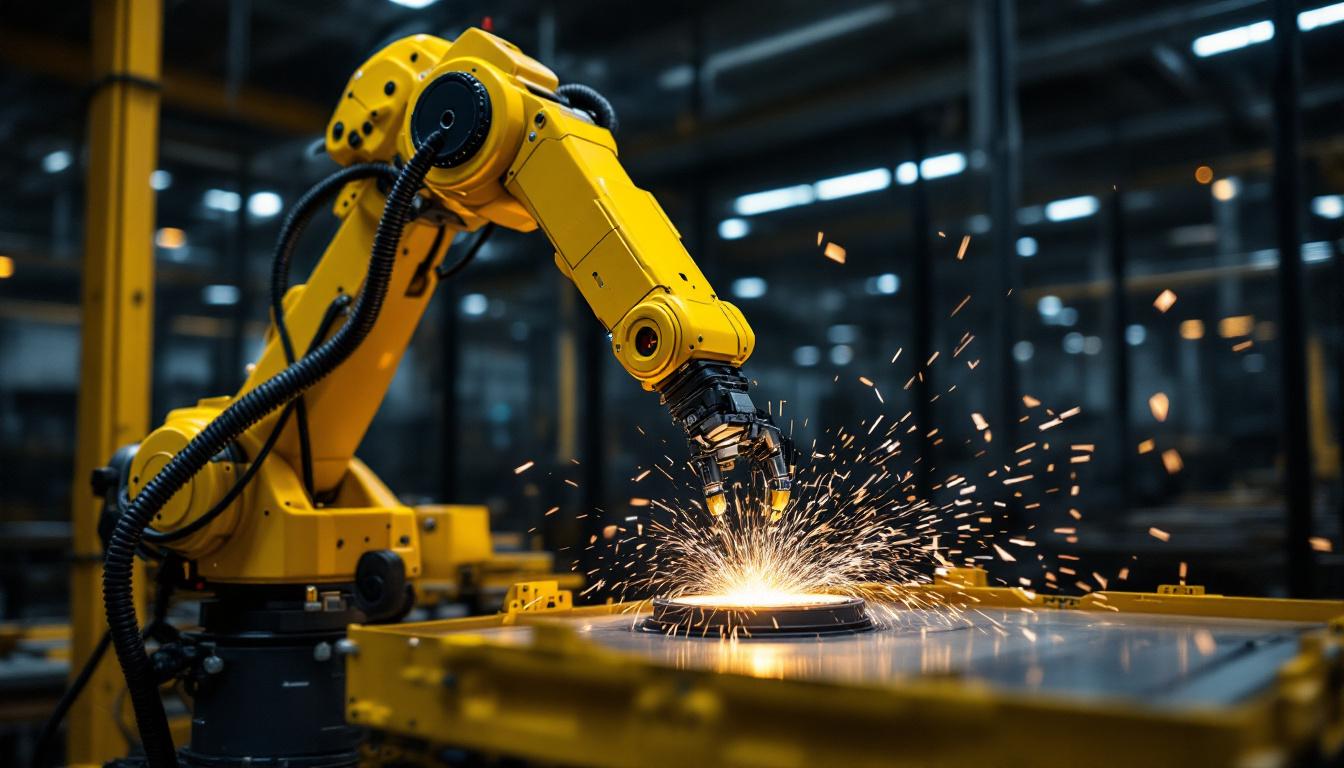 A photograph of a dynamic industrial robot in action within a manufacturing setting