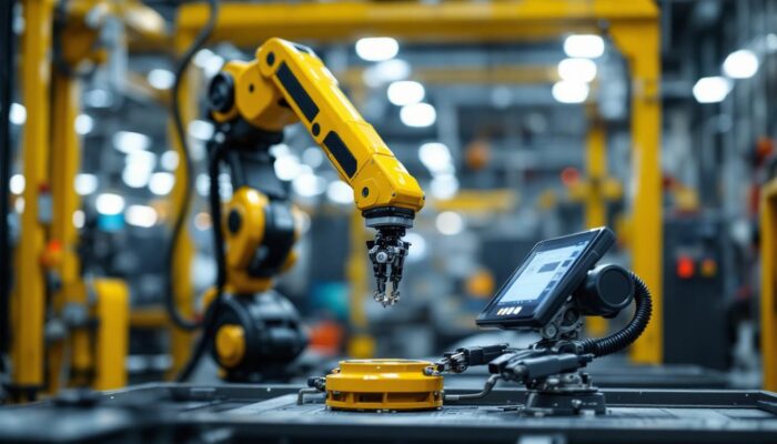 A photograph of a sleek industrial robotic arm in action