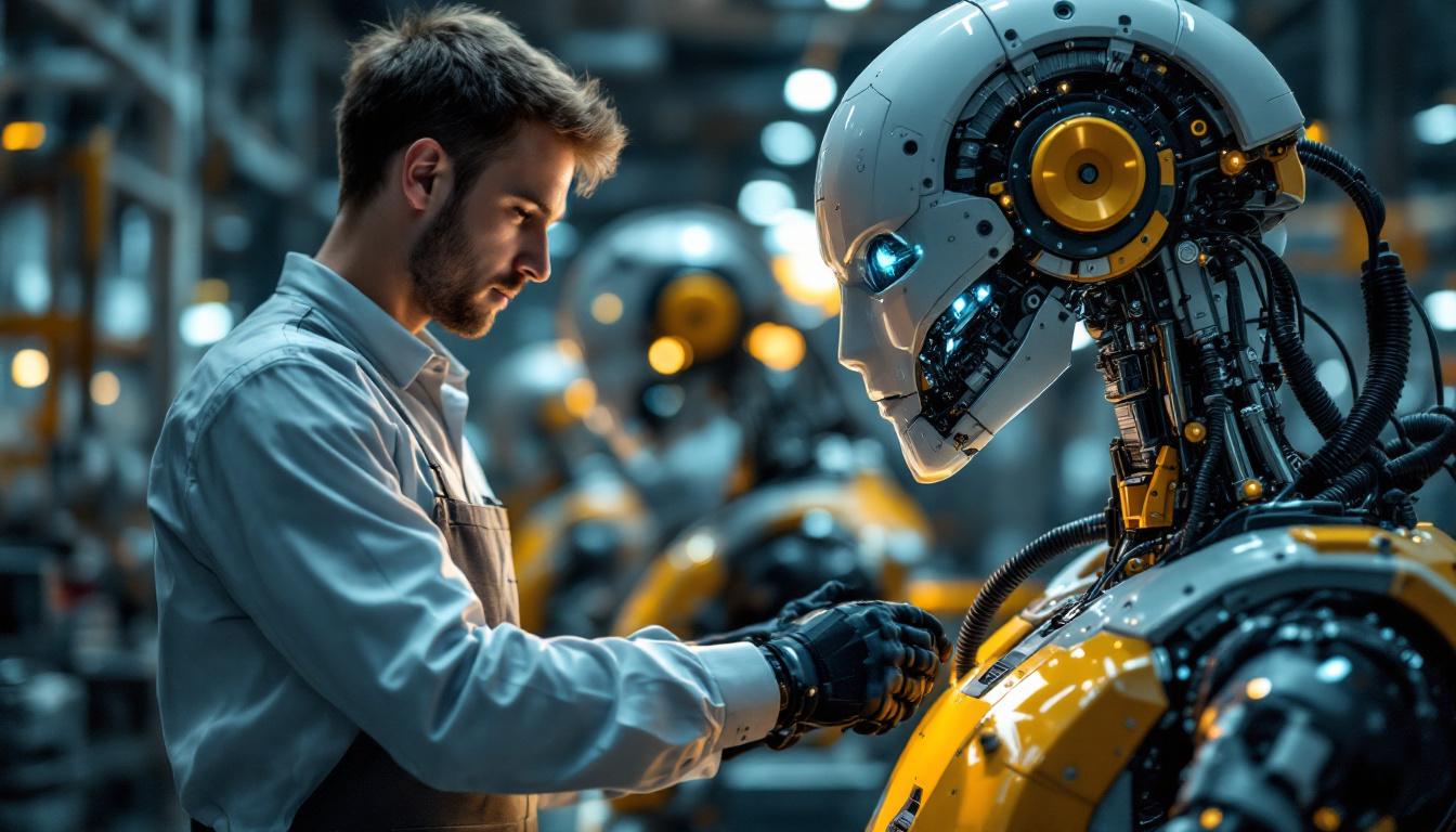 A photograph of a skilled technician operating a sophisticated industrial robot in a modern manufacturing facility