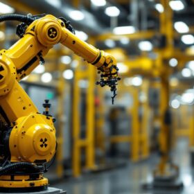 A photograph of a robotic arm equipped with radiation detection sensors in a controlled industrial environment