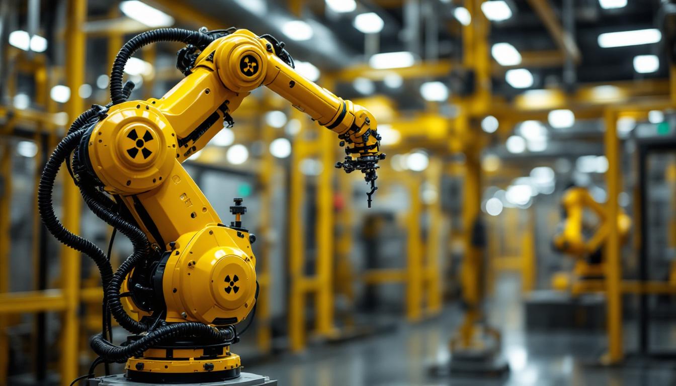 A photograph of a robotic arm equipped with radiation detection sensors in a controlled industrial environment