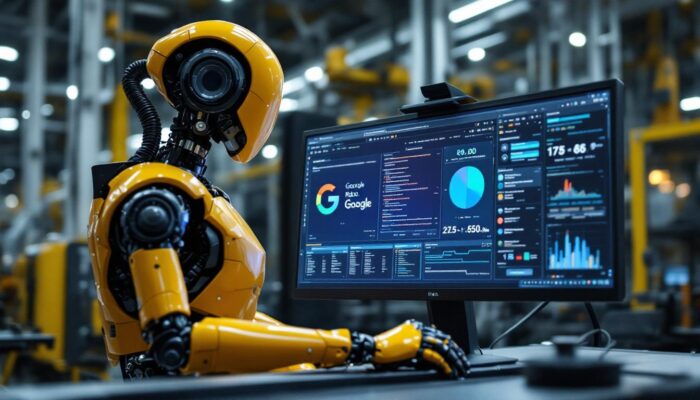 A photograph of a juxtaposition of a sleek industrial robot working on an assembly line alongside a computer screen displaying google's robotic algorithms