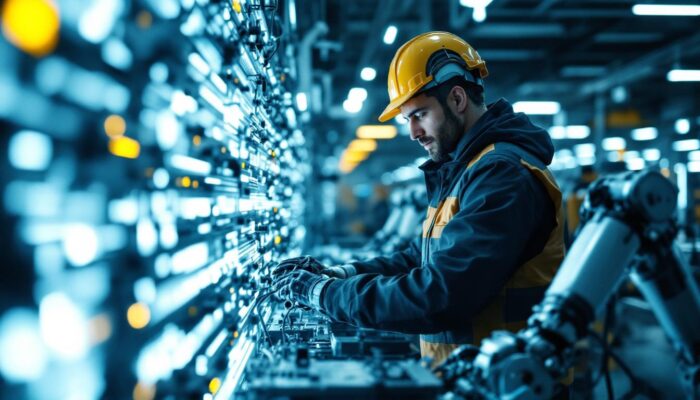 A photograph of a skilled electrical engineer working alongside industrial robots in a modern manufacturing environment