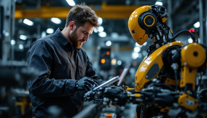 A photograph of a mechanical engineer working alongside an industrial robot in a modern manufacturing setting