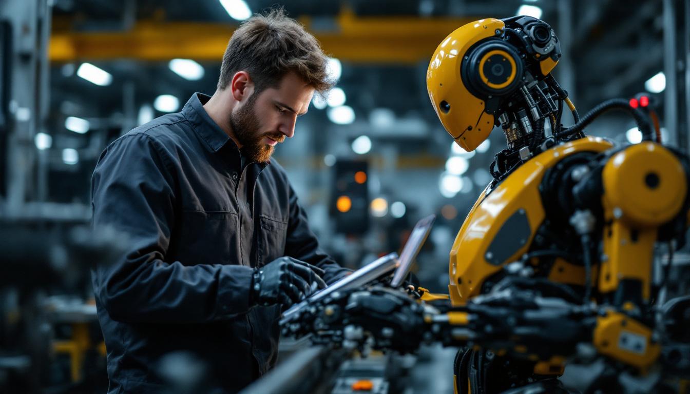 A photograph of a mechanical engineer working alongside an industrial robot in a modern manufacturing setting