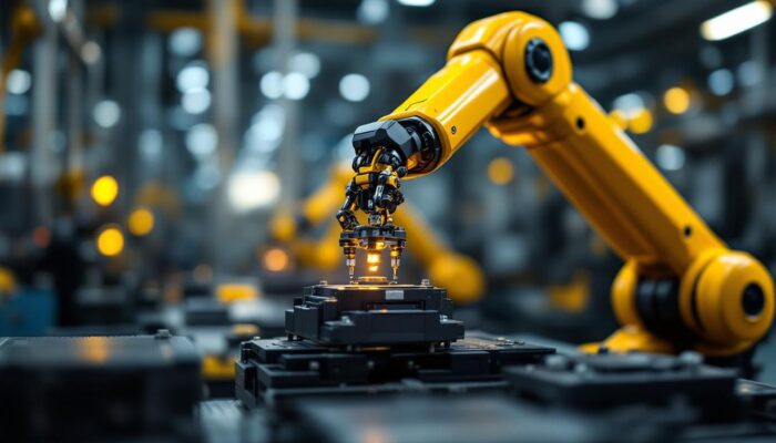 A photograph of a robotic arm performing a precise inspection on a product in a modern industrial setting