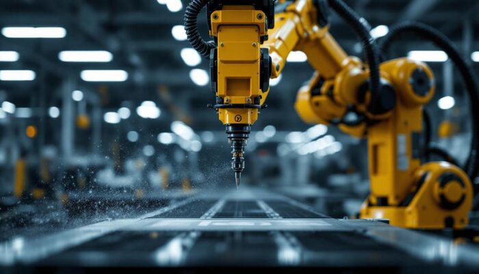 A photograph of a dynamic industrial robot in action