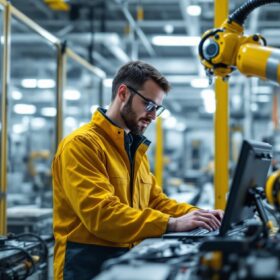 A photograph of a skilled controls engineer working on an industrial robotic system