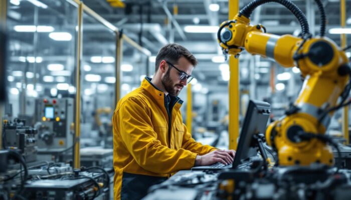 A photograph of a skilled controls engineer working on an industrial robotic system