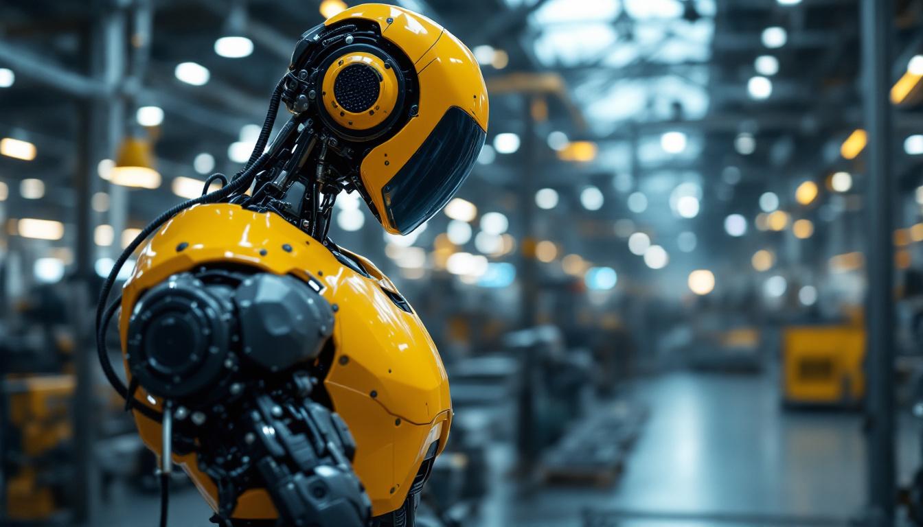 A photograph of a sleek industrial robot in action within a modern factory setting