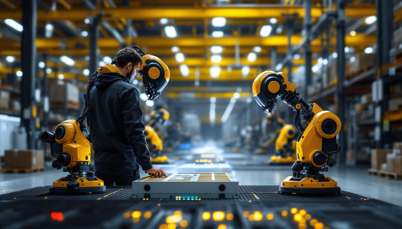 A photograph of a modern warehouse interior showcasing advanced ai technology and industrial robots in action