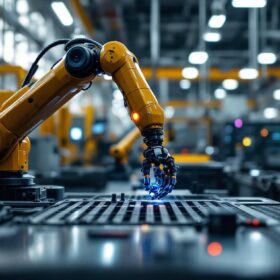 A photograph of a modern industrial workspace featuring a sleek robotic arm in action
