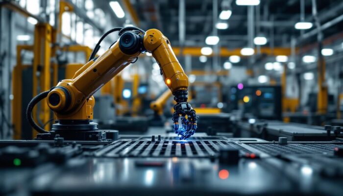 A photograph of a modern industrial workspace featuring a sleek robotic arm in action
