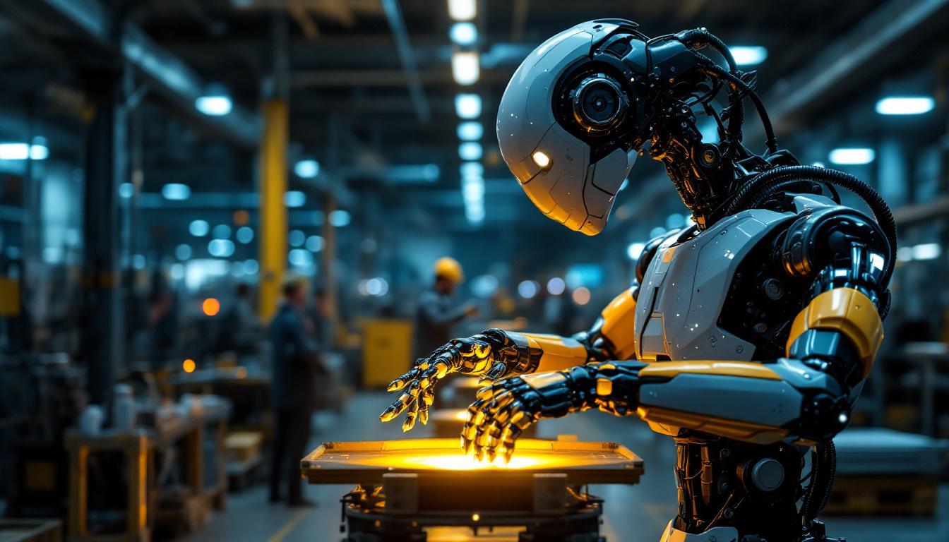 A photograph of a sleek industrial robot in action within a modern manufacturing environment