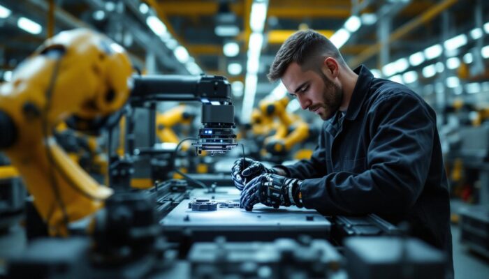 A photograph of a skilled technician using a 3d printer to create a component for a fleet vehicle
