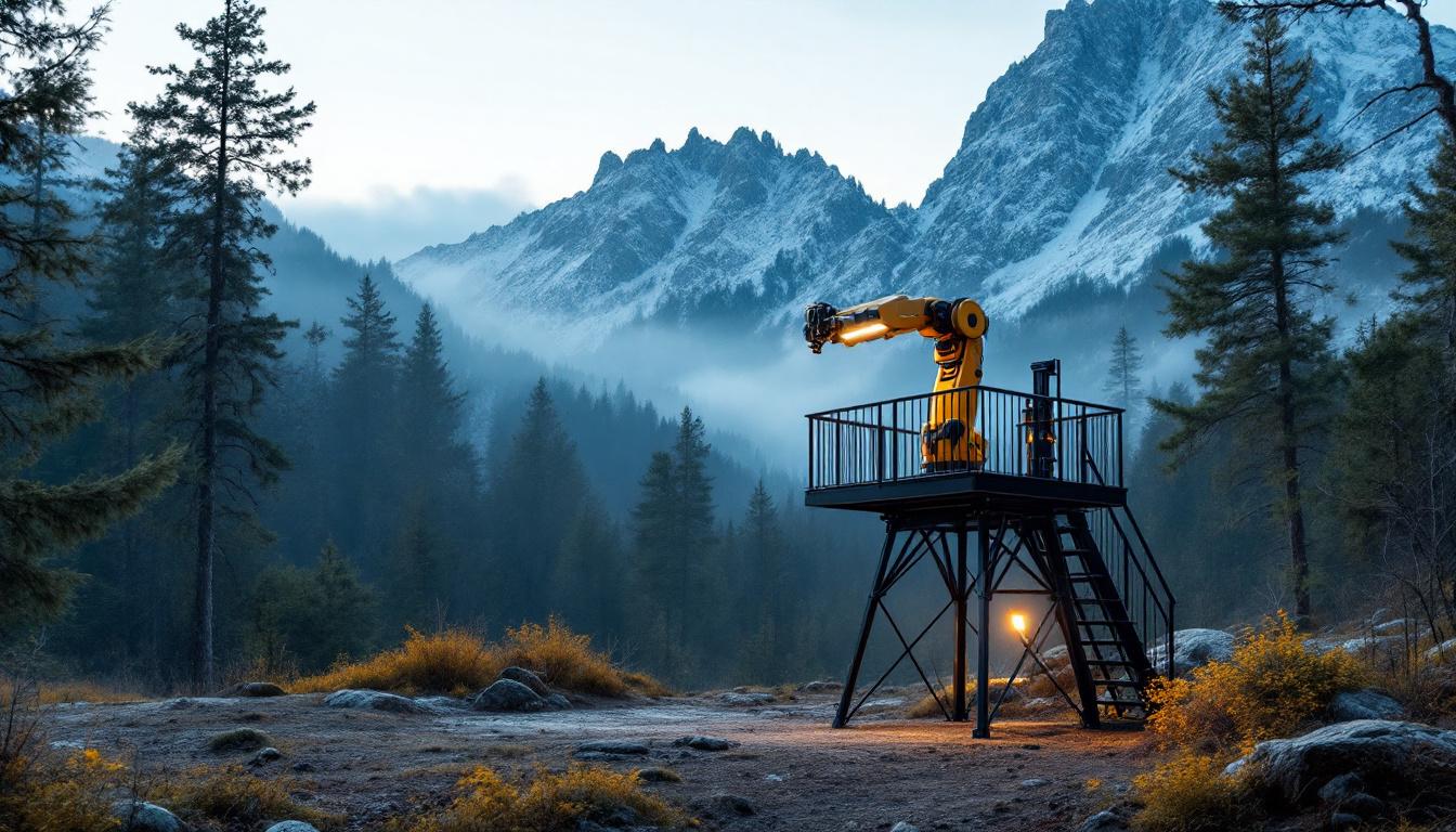 A photograph of a modern platform deer stand set against a picturesque natural backdrop