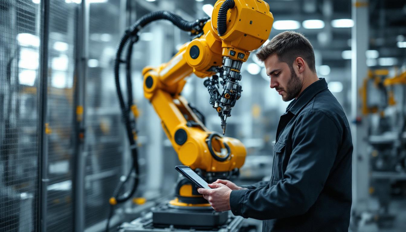 A photograph of a skilled automation technician working on an industrial robot in a modern manufacturing setting
