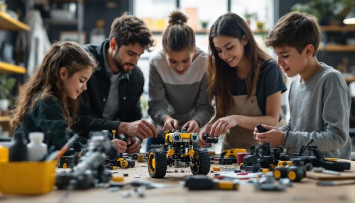 A photograph of a hands-on workshop scene where individuals of various ages are actively assembling a robot kit