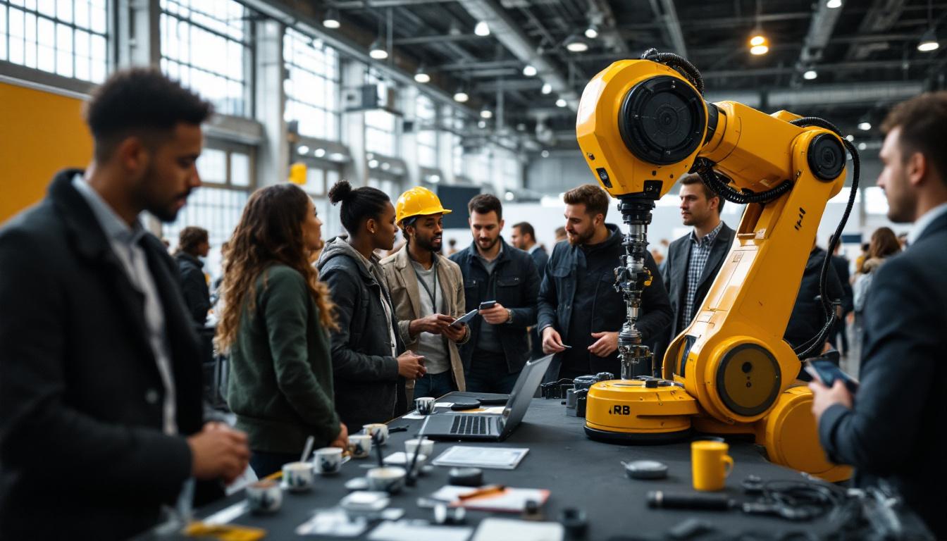 A photograph of capture a photograph of a bustling career fair scene in boston