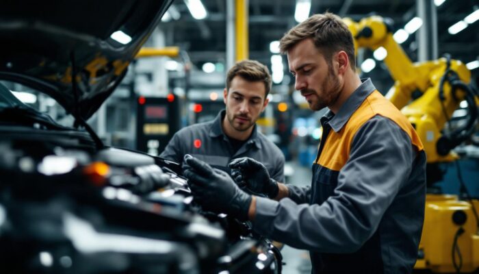A photograph of a skilled technician conducting a thorough inspection of an uber vehicle