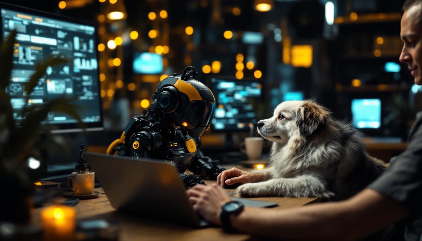 A photograph of a pet-friendly workspace featuring a person working remotely on a laptop alongside their pet