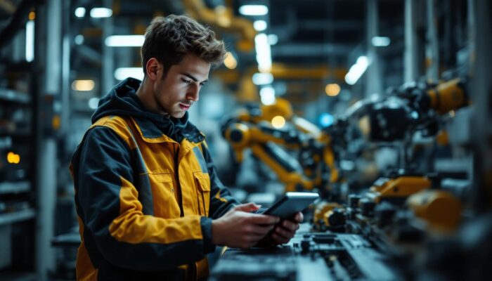 A photograph of a young quality engineer in a modern industrial setting