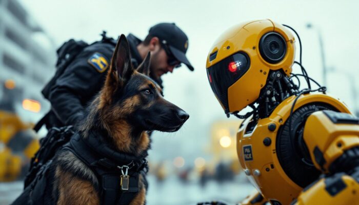 A photograph of a dynamic scene featuring a police k9 in action alongside an industrial robot