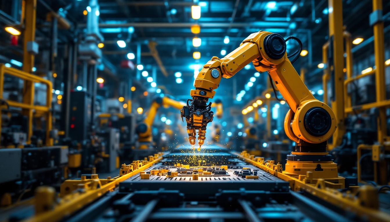 A photograph of a dynamic industrial setting showcasing a robotic arm in action