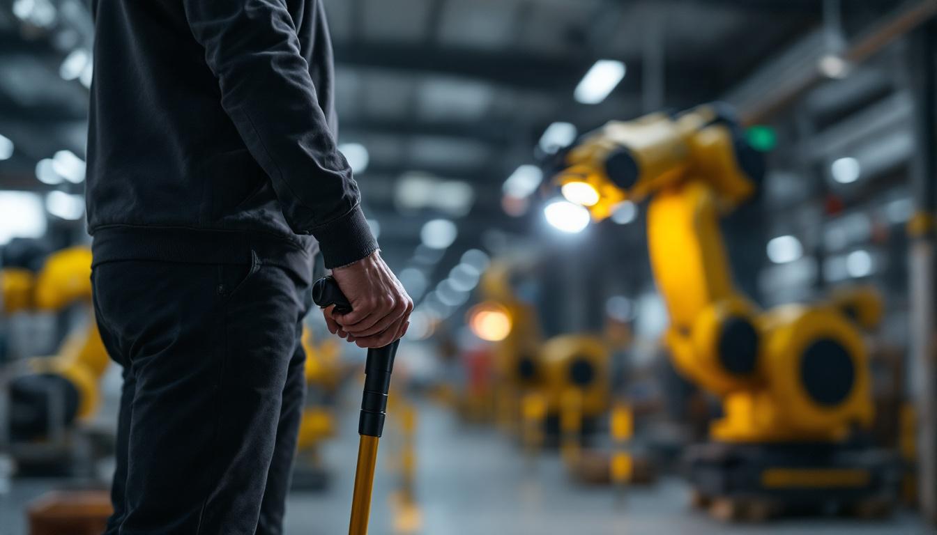 A photograph of a person using a cane equipped with a flashlight