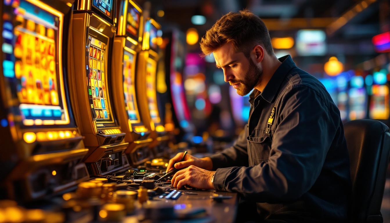 A photograph of a skilled slot technician at work