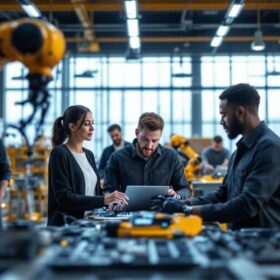 A photograph of a dynamic scene featuring a diverse group of interns collaborating with industrial robots in a modern workspace