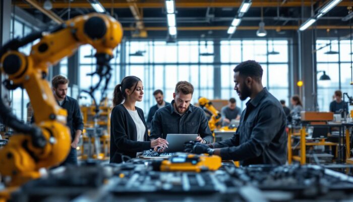A photograph of a dynamic scene featuring a diverse group of interns collaborating with industrial robots in a modern workspace