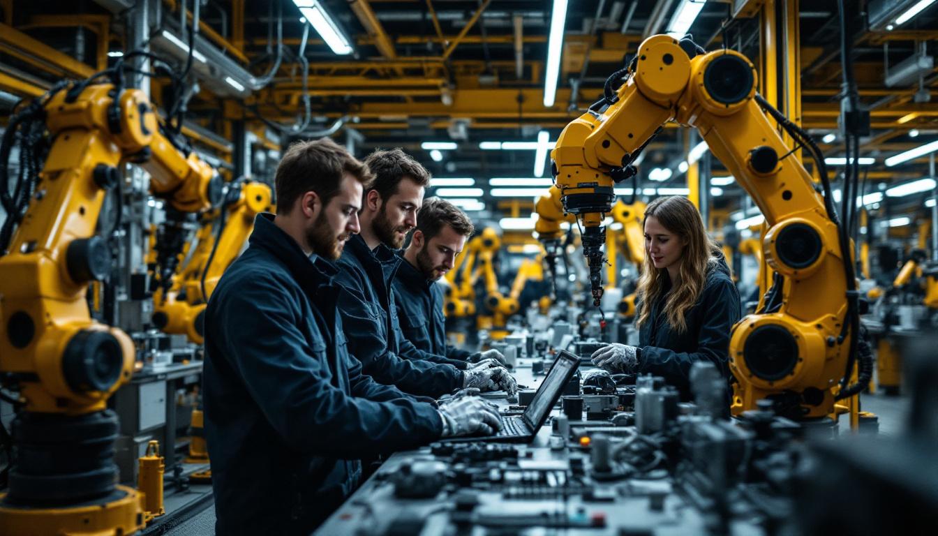 A photograph of a dynamic scene showcasing a team of researchers and engineers collaborating in a high-tech lab environment