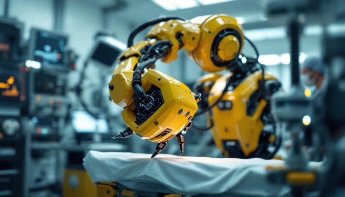 A photograph of capture a photograph of a dynamic industrial robot in action within a medical setting