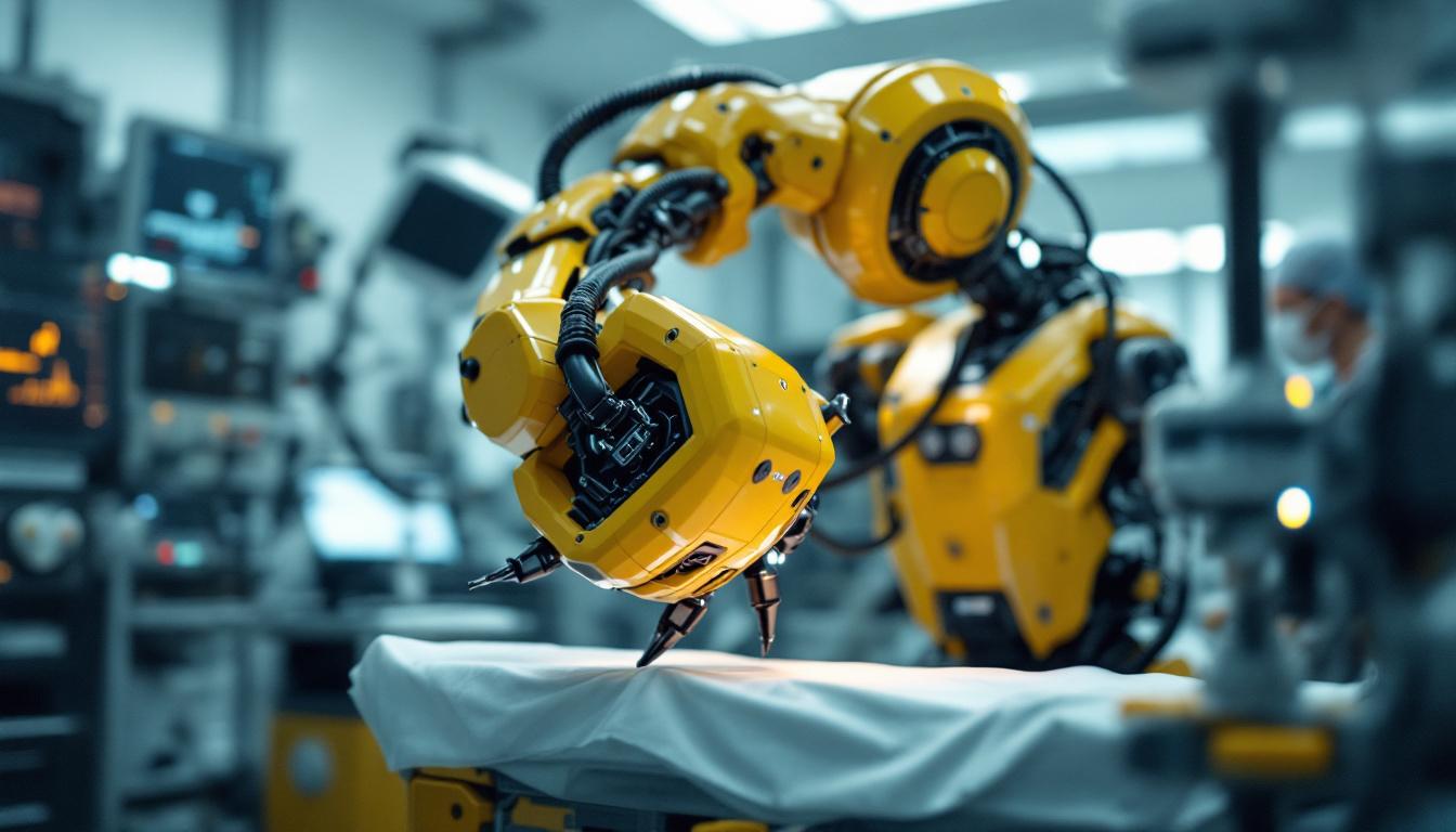 A photograph of capture a photograph of a dynamic industrial robot in action within a medical setting