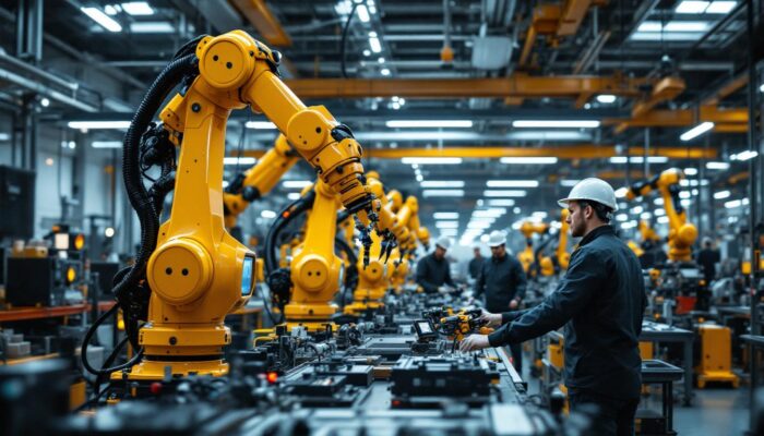 A photograph of a modern industrial robotics facility showcasing advanced robotic arms in action