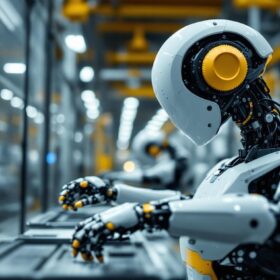 A photograph of a modern industrial robot in action within a manufacturing facility